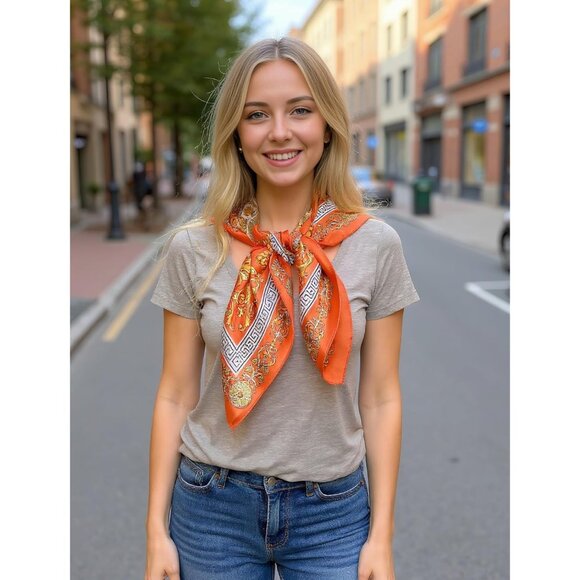 Women Orange Golden Headscarf Satin Bandana Pattern Polyester Breathable Scarves - Picture 2 of 6